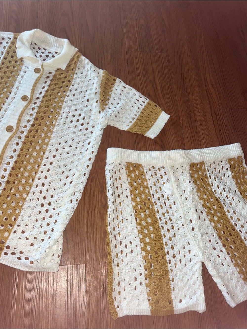 SHEIN White and Mustard Open Knit Swim Coverup Set